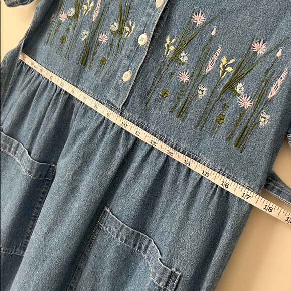 Vintage Sears Chambray Denim Prairie Short Sleeve Floral Embroidered Midi Dress - Picture 8 of 11